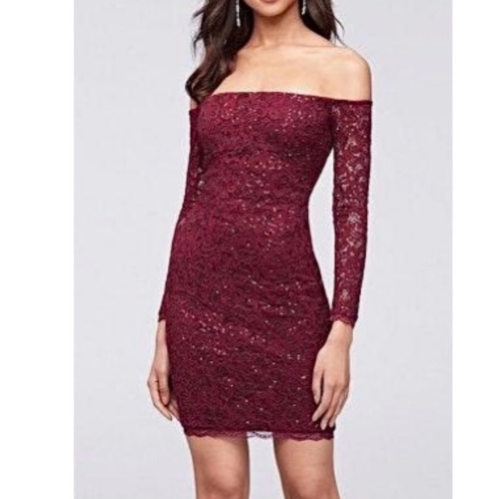 My Michelle Red Off-Shoulder Long Sleeve Sparkly Bodycon Dress Sz 5